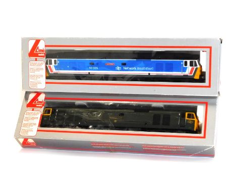 Lima Models OO gauge Class 50 diesel locomotives, comprising 50025 Invincible in Network South East blue livery, and 50007 Si
