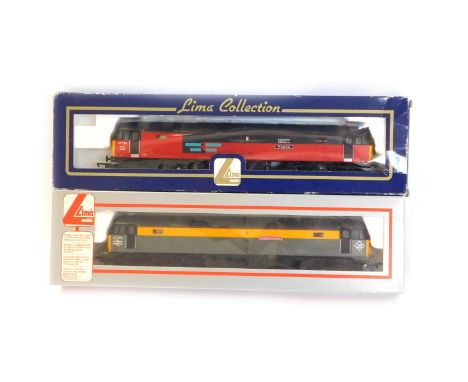 Lima Models OO gauge Class 47 locomotives, comprising Manchester Airport Progress in Rail Express red and graphite grey liver