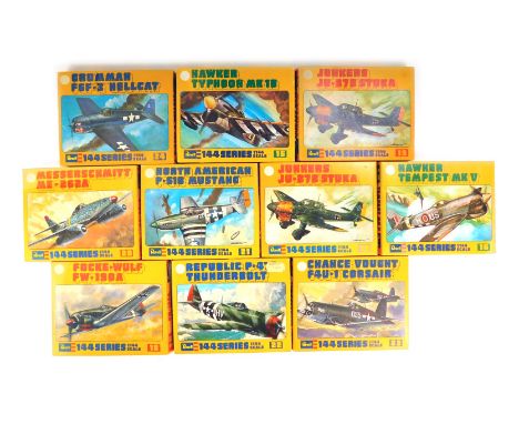 Ten Revell 1:144 scale World War II aircraft, comprising Thunderbolt, Corsair, Tempest, Stuka (2), Typhoon, Helcat, ME262, Mu