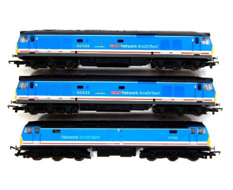 Lima Models OO gauge locomotives, comprising 50033 Glorious Network Southeast blue, white and red stripe, and 47530, Network 