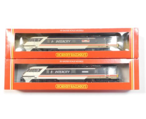 Hornby OO gauge Class 91 locomotives, R356 Class 91 The Scotsman, and R392 Class 91 BBC Radio 1 FM, both in Swallow livery, b