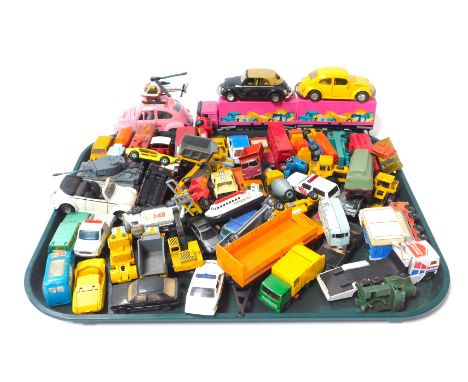 A group of playworn diecast cars, etc., to include two Corgi Royal Mail vans, trucks, helicopter, etc. (1 tray) 
