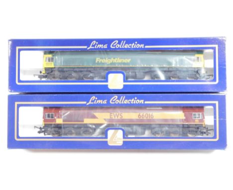 Lima Models OO gauge Class 66 locomotives, comprising 66502, Freightliner livery, and 66016, EWS livery, boxed. (2)