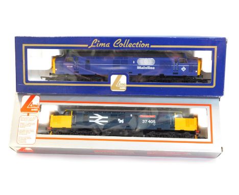 Lima Models OO gauge Class 37 diesel locomotives, comprising 37405 Strathclyde Region in British Rail blue livery, and 37798 
