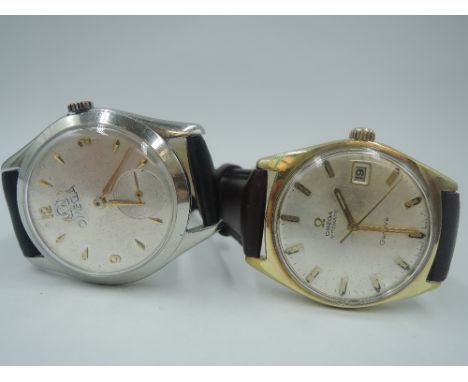 A gent's 1960's Omega Geneve automatic wrist watch having baton numeral dial with date aperture in a gold plated case on a la