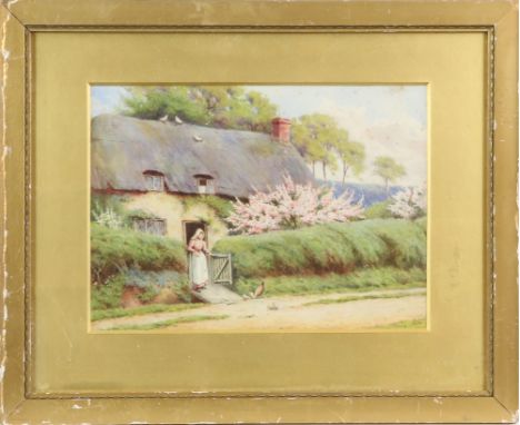 Early 20th century English School, woman standing at a cottage gate with chickens, signed with initials 'WD', watercolour, 20