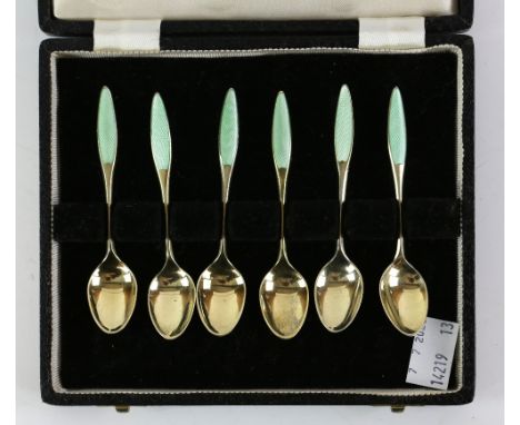 Danish set of six silver-gilt and green guilloche enamel teaspoons, by Frigast, stamped Sterling, in fitted case          