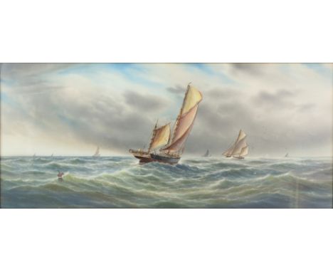 Garman Morris (British, act. 1900-1930), seascape ships at sea on a cloudy day, signed, watercolour, 40 cm x 90 cm         