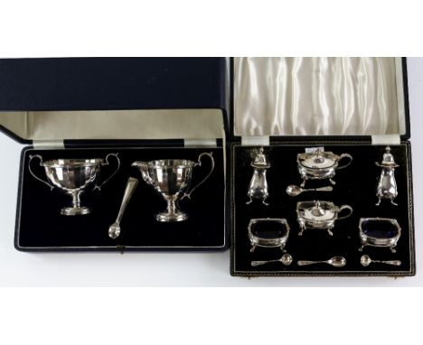 George V silver sugar and cream set, by Mappin &amp; Webb, Birmingham 1931, sugar bowl 8cm high, with a pair of associated su