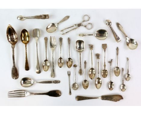 Selection of silver flatware to include two spoons by Georg Jensen, a French silver spoon and fork, caddy spoons, teaspoons, 