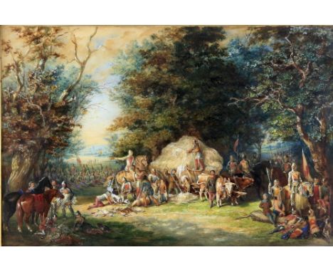 Manner of Sir John Gilbert (1817-1897). An Army of Crusaders Resting in a wooded clearing. Watercolour. 28 x 45cm. Framed and