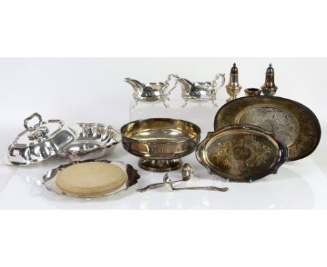 A selection of silver-plated items to include a pedestal bowl with hammered finish, a large selection of flatware including c