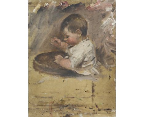 20th century English School, sketch of a small child in a high chair, oil on canvas board, 40.5cm x 30.5cm,           