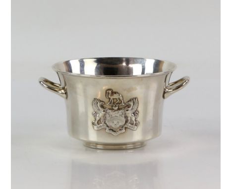 Victorian twin-handled silver bowl, with embossed figure on one side and embossed crest on the other, by Mappin &amp; Webb, L