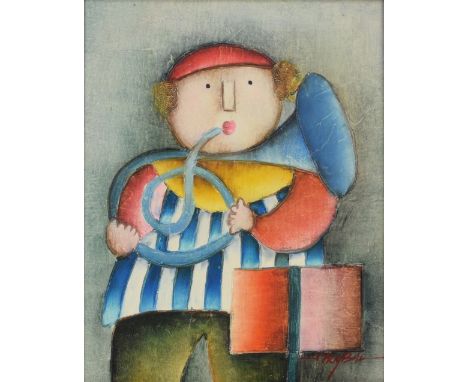 Joyce Roybal (b.1955). Child playing a horn, oil on canvas /board. 24.5 x 19.5cm. Framed.          