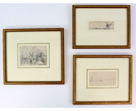 David Cox Senior ( 1783-1859) Village street with trees, pencil sketch, 9cm x 12cm another two Sailing Ships at Sea 6cm x 12c