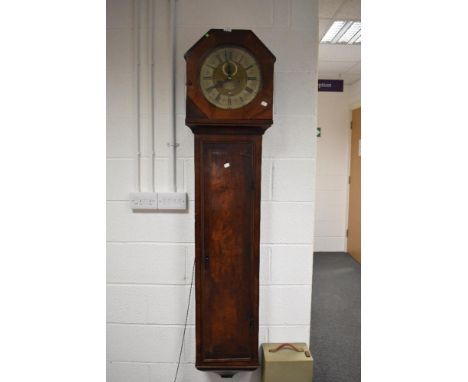 An interesting 18th century mahogany wall clock, having an octagonal hood with hinged glazed door enclosing the associated di