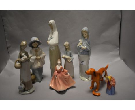 A Royal Worcester Granny Snow candle snuffer/extinguisher (af) two Lladro figures, two Nao figurines, Lladro style figurine a