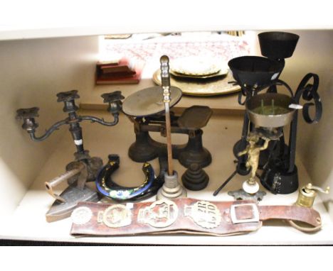 A selection of mixed metal wares, to include martingale, scales, flat iron, grinder