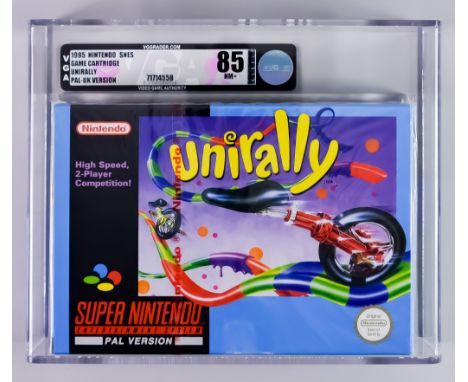 1995 Nintendo SNES &ndash; Unirally &ndash; Pal/UK Version Red Label Game VGA 85/NM+, with iconic Nintendo red strip seal and