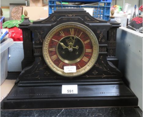 LARGE SLATE MANTEL CLOCK WITH GILT DECORATION &amp; ACORN FINIALS ## key ##