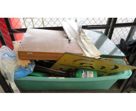 WALL MOUNTED DART BOARD IN WOODEN CASE TOGETHER WITH ASSORTED TOOLS ETC
