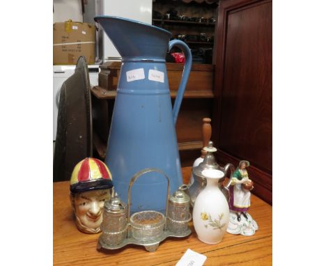 BLUE ENAMEL PITCHER ETC