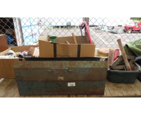 SHELF OF TOOLS &amp; METAL TOOL BOX CONTAINING TOOLS