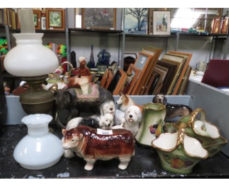 VARIOUS CERAMIC FIGURES OF ANIMALS, AN OIL LAMP ETC