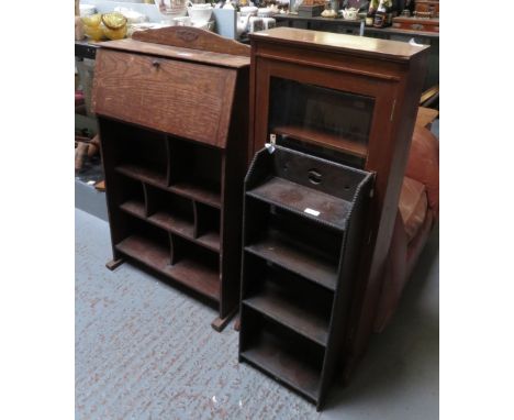 OAK BUREAU, DISPLAY CABINET AND HANGING SHELF