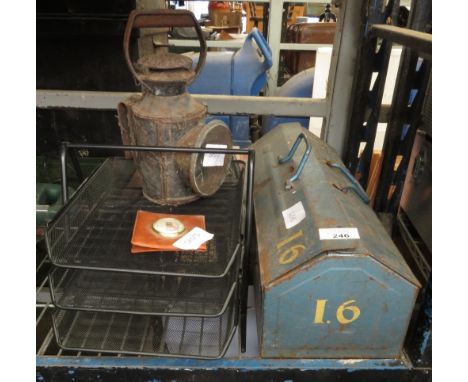 VINTAGE BLUE METAL TOOLBOX WITH CONTENTS TOGETHER WITH OTHER ITEMS