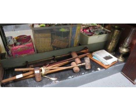 OIL LAMP, HUNTING HORN, ASSORTED CROQUET MALLETS ETC