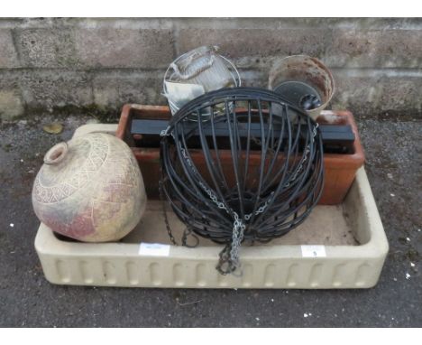 CERAMIC SINK, HANGING BASKETS, TERRACOTTA PLANTER &amp; OTHERS