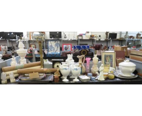 SLATE MANTEL CLOCK, WEDGWOOD VASES TOGETHER WITH OTHER CERAMICS, GLASSES ETC