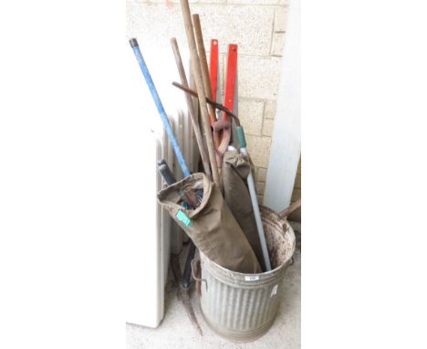 GALVANISED BIN TOGETHER WITH ASSORTED GARDEN TOOLS &amp; STEP LADDER
