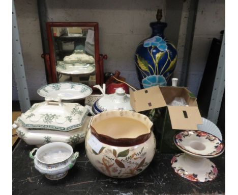 HARRODS PORCELAIN BATHROOM SET TOGETHER WITH A DRESSING TABLE MIRROR, A LARGE BLUE POTTERY LAMP BASE &amp; OTHER CERAMICS