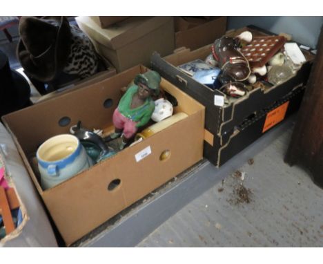 3 BOXES TO INCLUDE 2 POOLE POTTERY FIGURES OF DOLPHINS, COLLECTION OF GLASS PAPERWEIGHTS, CERAMICS, GLASS ETC