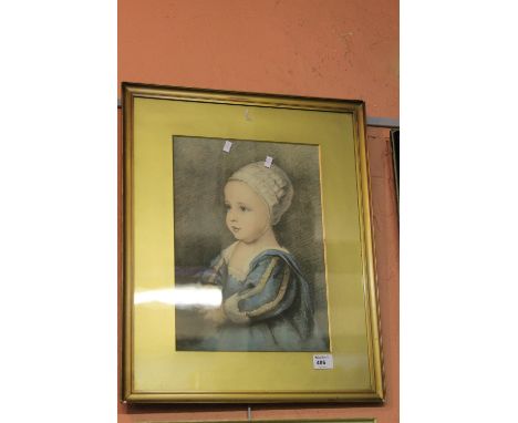 After Van Dyke, portrait study of a little girl, coloured print.  Framed and glazed.