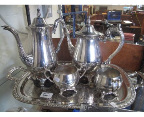 Five piece oneida usa silver plated tea and coffee set, comprising teapot, coffee pot, sucrier and cream jug with two handled