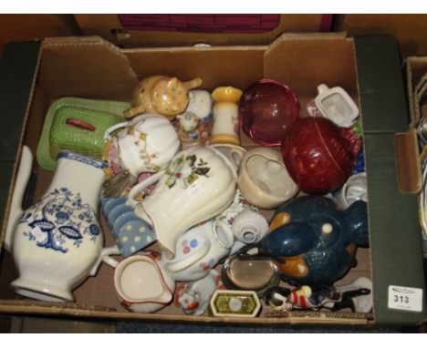 Tray of assorted china to include various floral baluster jugs, luster teapot in the form of an owl, beetroot jar and cover, 