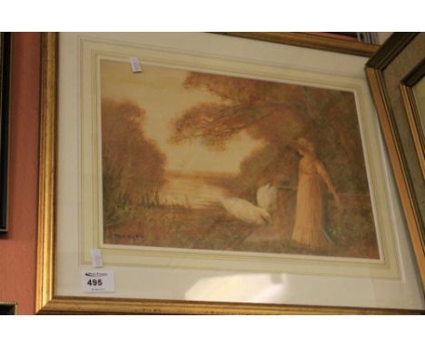 Fred Hines,  portrait of a lady near a lake with swans, watercolours, signed.  Framed and glazed.