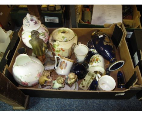 Tray of assorted china and glass to include Portmeirion china 'The Ladies Flower Garden' vase and cover, Royal Kent bone chin