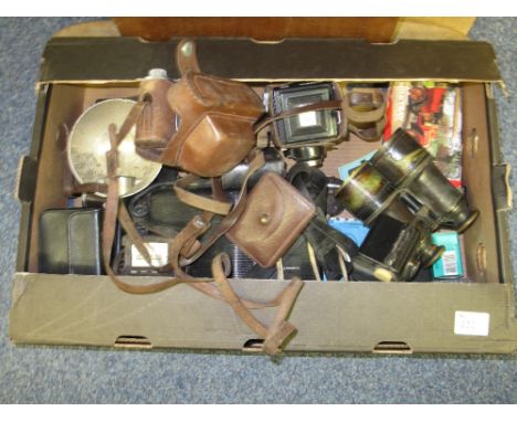 Box of assorted camera equipment to include various flash accessories, flexarel, Kodak 35 camera, Olympus trip 35, Jumelle Ma