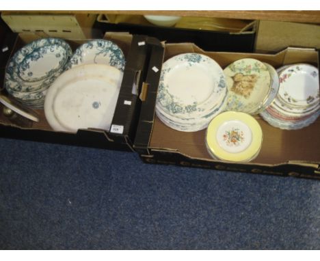 Two boxes of assorted china to include welsh ladies' teapot stand, assorted blue and white Staffordshire dinner ware, collect