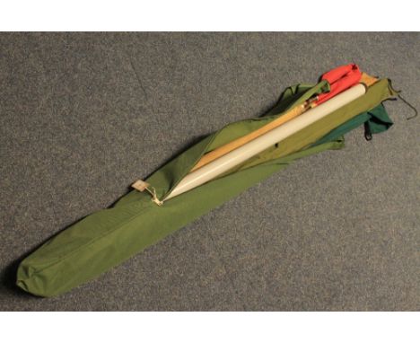 Canvas fishing rod bag containing cane double handed rod, vintage John James Hardy No.2 Palakona cane three piece single hand