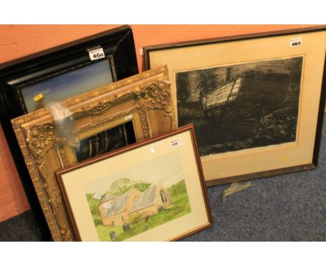 After Peter Hall, 'The Linzi' monochrome print signed by the artist dated '59, together with a 19th Century gilt gesso pictur