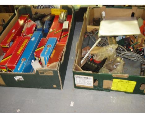 Five boxes of assorted model train railway accessories and track to include Hornby, Air Fix, power control units, tenders, st
