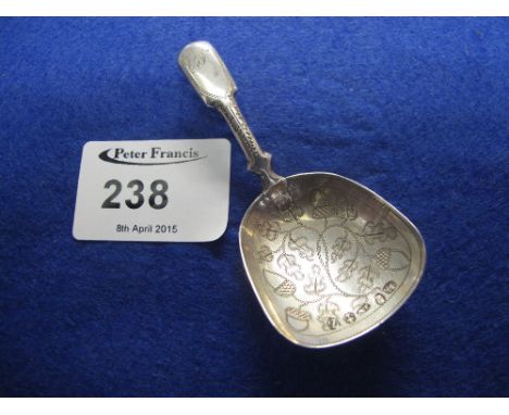Silver caddy spoon,engraved initials and decorated with acorns and leaves.  Birmingham makers mark JW.
