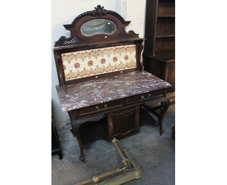 Edwardian mahogany mirror and tiled backed washstand with marble top and drawing cupboards to the base on cabriole legs with 