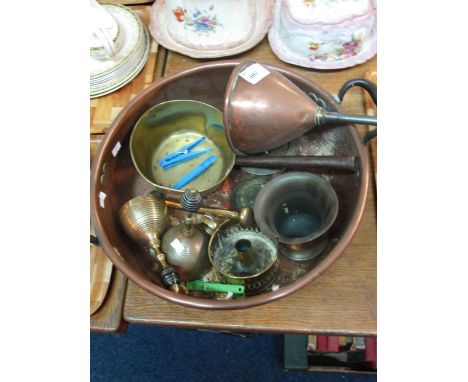 Assorted metal ware to include large two handled copper jam pan, brass preserving pan, brass hand bell, brass pestle and mort